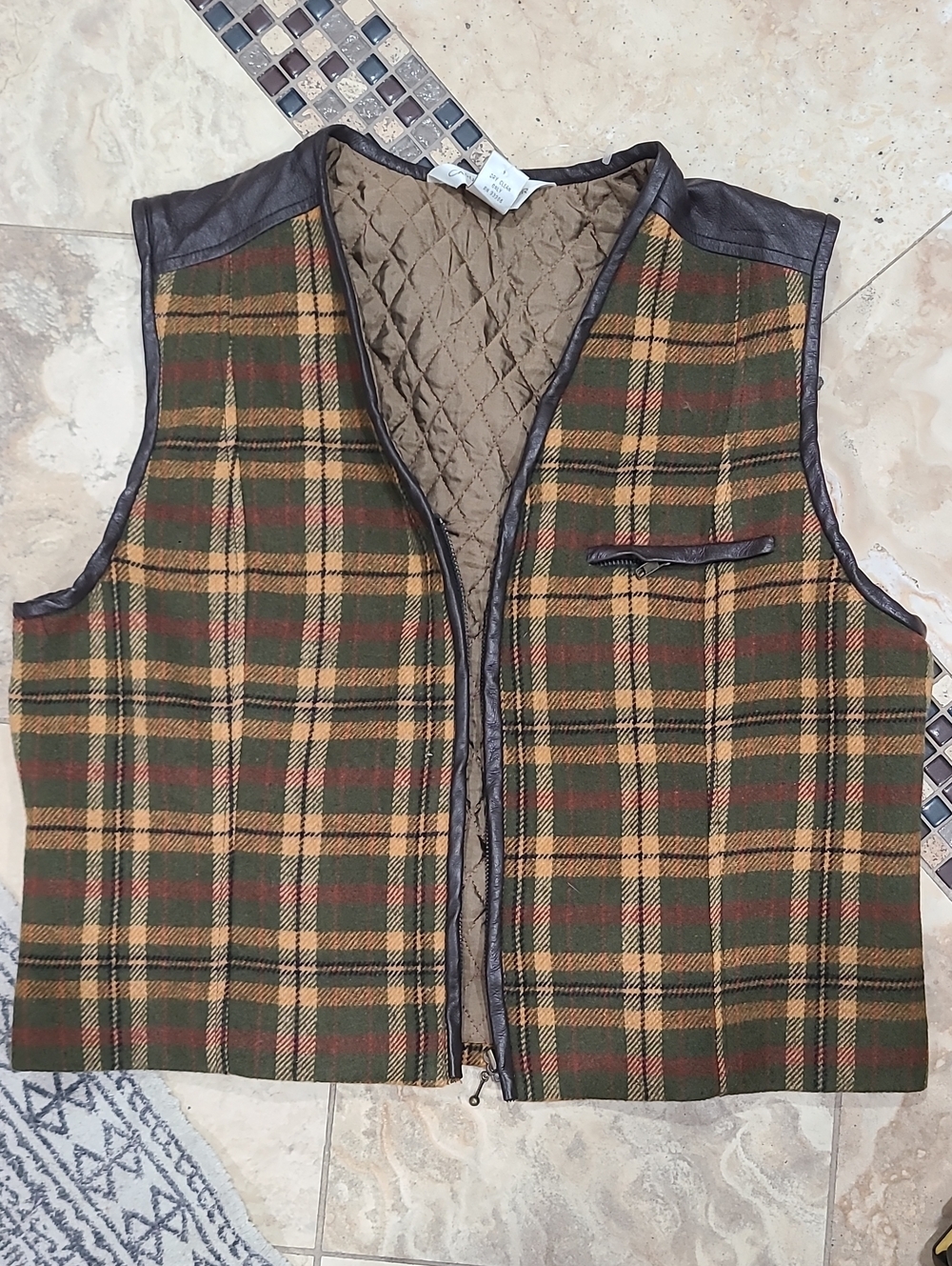 Casual Corner Plaid Quilted Vest with Brown Trim